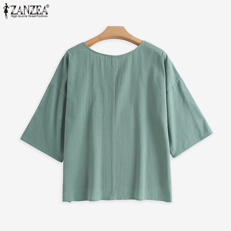 Zanzea Áo Sơ Mi Tay Lửng 3 / 4 Cổ Tròn Màu Trơn Phong Cách Châu Âu Cho Nữ