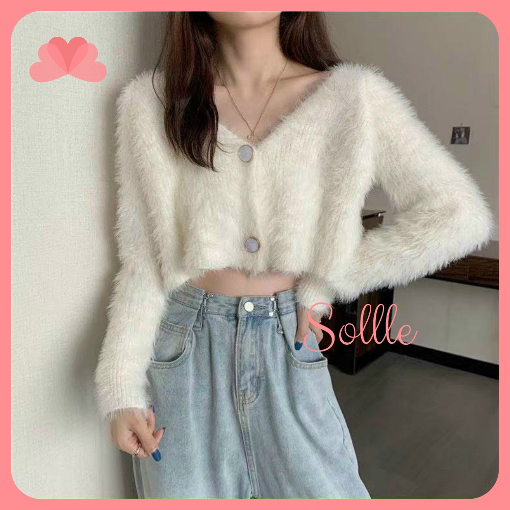 Áo khoác nữ cardigan len lông thỏ siêu mịn dáng croptop tiểu thư Sollle