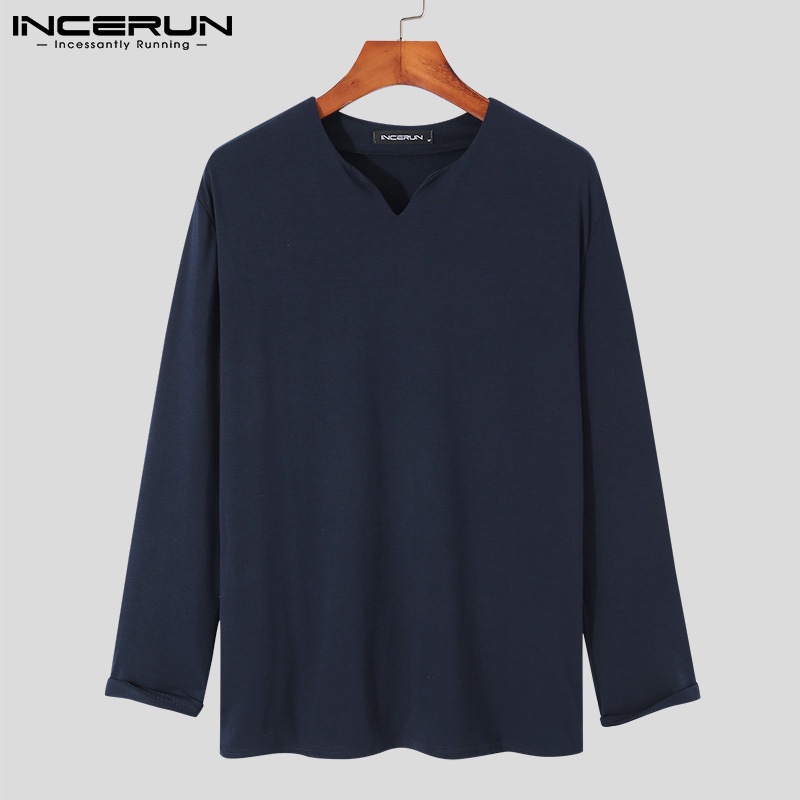 Áo INCERUN dài tay cổ chữ V màu trơn thời trang mùa xuân dành cho nam có 4 màu tùy chọn