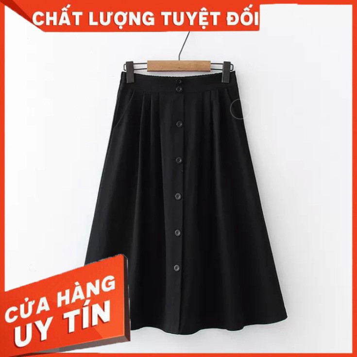 Chân Váy Midi Nữ Phía Sau Lưng Chun Phối Hàng Cúc Giữa /Hình Thật