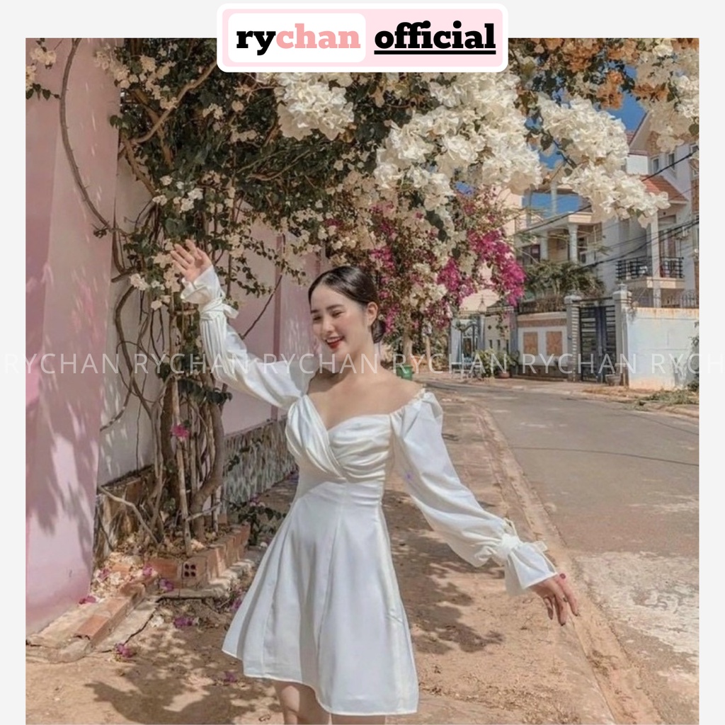 Đầm Váy Nữ Dự Tiệc Màu Trắng Dáng Ngắn Thanh Lịch Xếp Li Ngực Tay Dài Phồng Hot Trend [ẢNH THẬT CUỐI] - DX9909