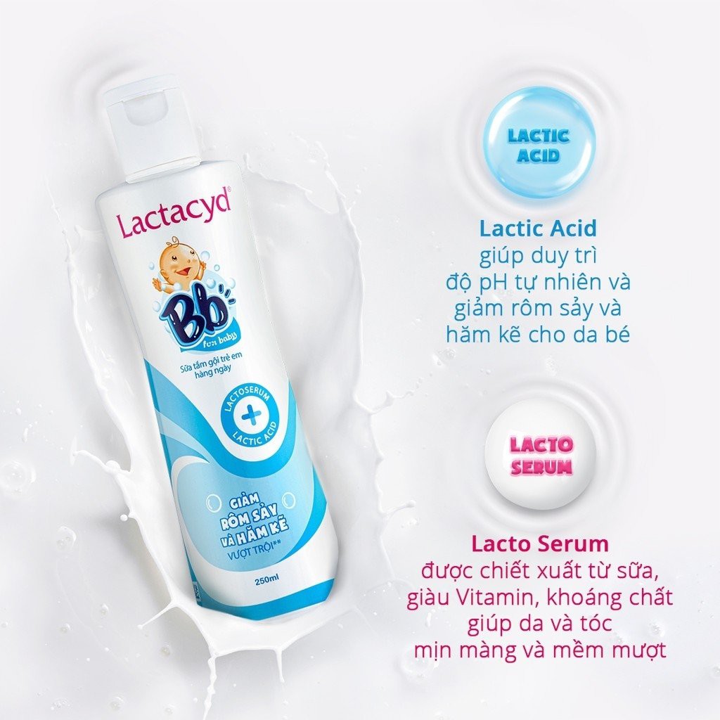 Sữa Tắm Gội Cho Bé Lactacyd BB, Milky giúp Giảm Hăm Tã, Rôm Sảy Dung Tích 60ml