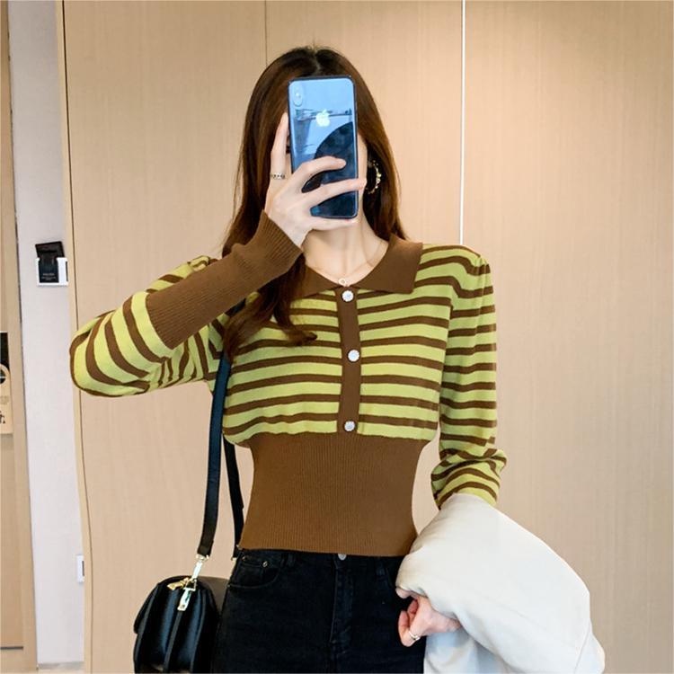 【ZHELIHANGFEI】Áo Sweater Cổ POLO Tay Dài Ôm Eo Họa Tiết Kẻ Sọc Phong Cách Sang Trọng