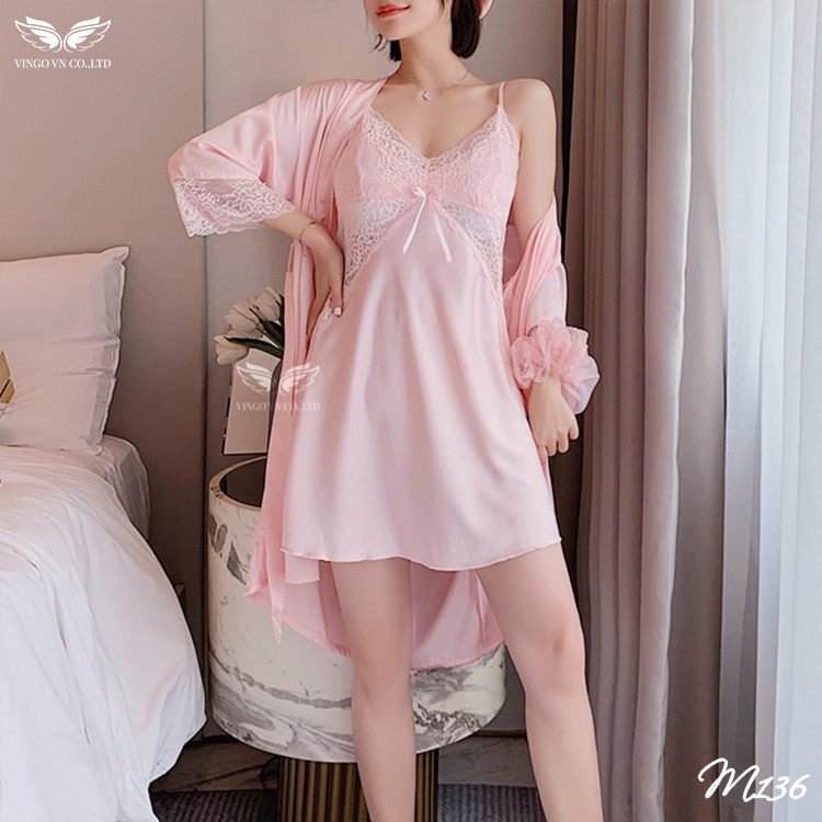 Set Áo Choàng Lụa Kèm Váy Ngủ 2 Dây VINGO Kiểu Tay Lỡ Cao Cấp Phối Ren Gợi Cảm Sexy M136 VNGO