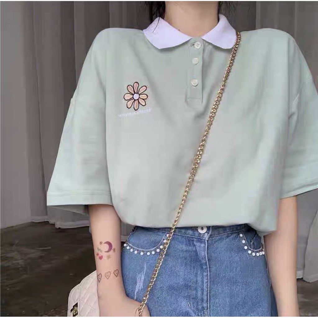 ÁO POLO MIX CỔ XANH TRẮNG THÊU HOA DAISY ULZZANG - ÁO THUN TAY LỠ CỔ BẺ ULLZANG