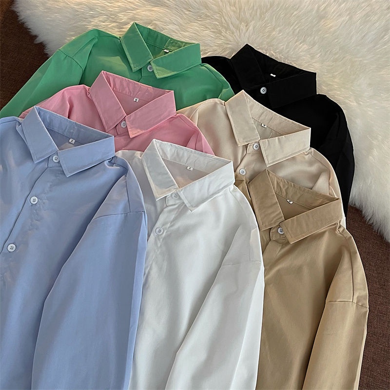 Áo sơ mi tay dài dáng rộng màu trơn phong cách Hàn Quốc thời trang xuân thu cho nữ