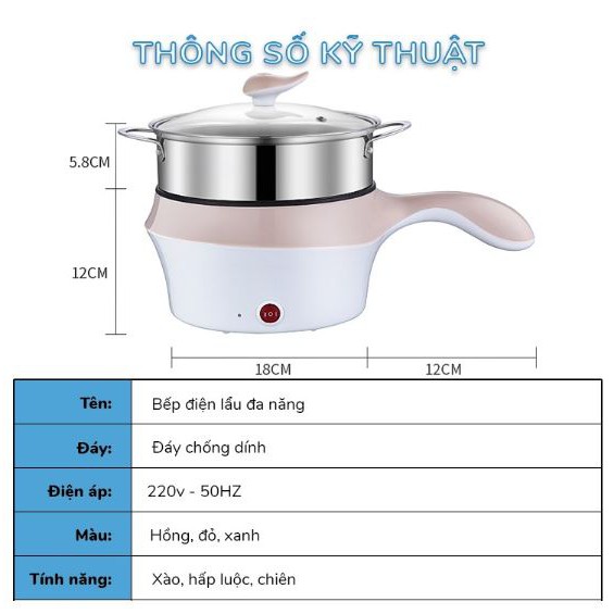 Nồi lẩu điện ca mì có lồng hấp 18cm,2 lớp, Nồi lẩu điện đa năng 2 tầng có lồng hấp và nắp kính cao cấp, Ca nấu mì nồi lẩ