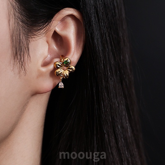 Moouga / Bông Tai Kẹp Xương Hình Giọt Nước Phối Hoa Tinh Tế Cổ Điển