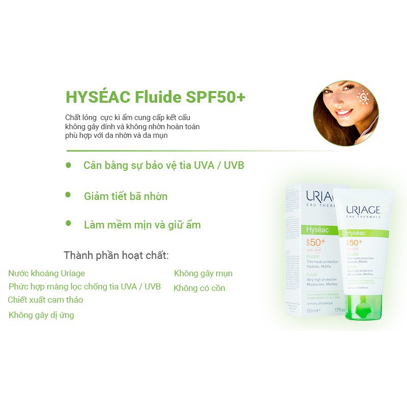 KEM CHỐNG NẮNG DÀNH CHO DA DẦU VÀ MỤN URIAGE HYSEAC FLUIDE SPF 50+ 50ML