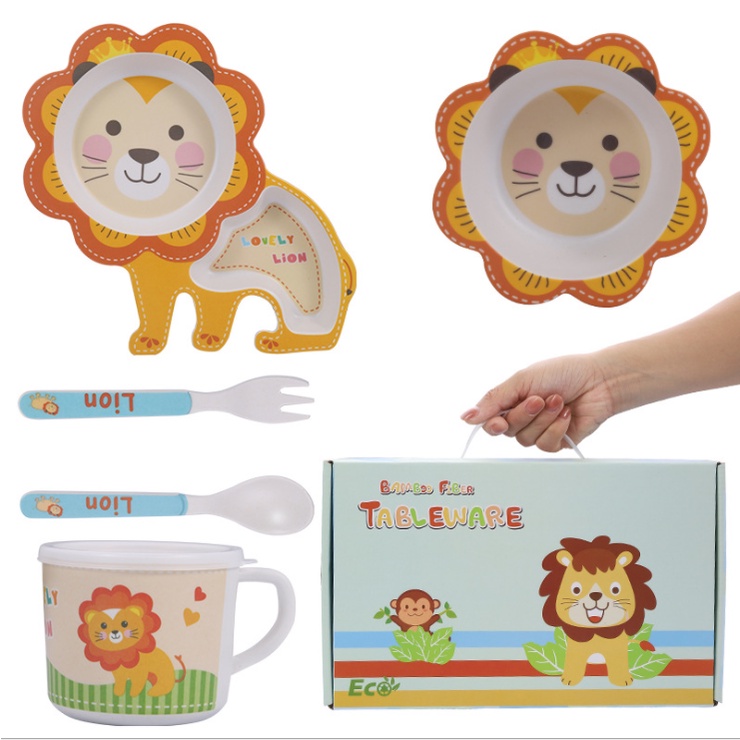 Bộ ăn dặm sợi tre 5 chi tiết hình thú cao cấp dày dặn cho bé Goodbabyvn