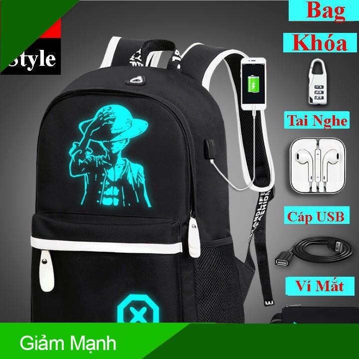 COMBO Balo dạ quang phát sáng Cao Cấp OnePiece, Tặng Ngay Khóa Số, Tai Nghẹ, Cáp Sạc & Ví Dạ Quang Hình Mắt