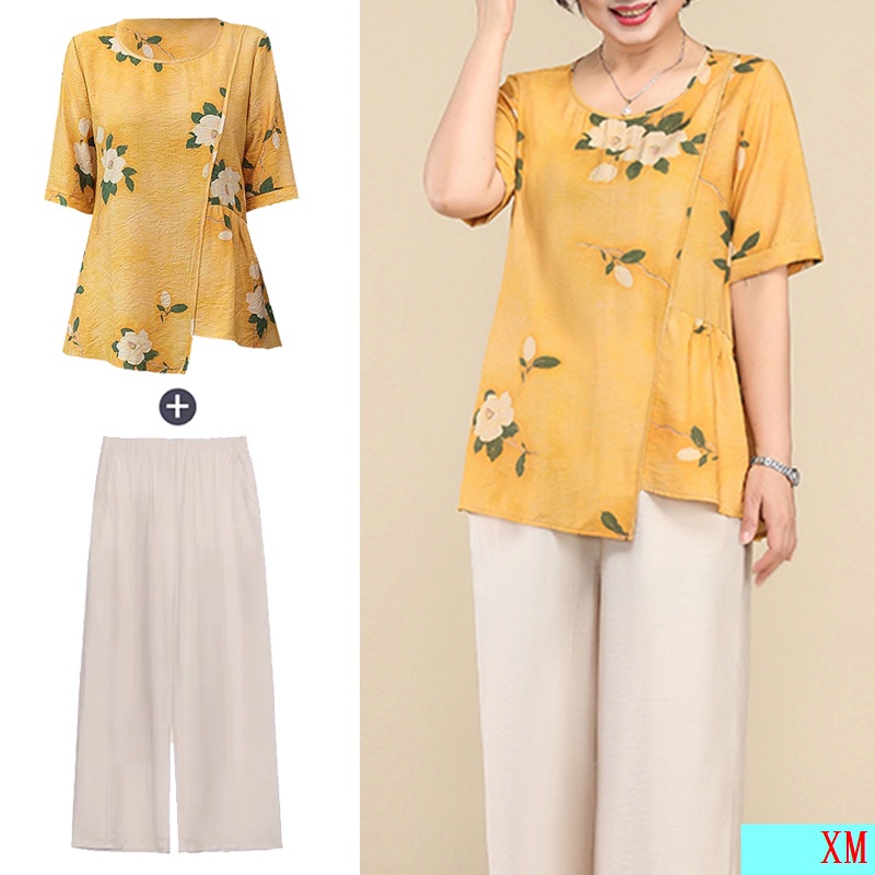 Bộ Đồ Thời Trang Vải Lanh Cotton Ngắn Tay Kiểu Phương Tây Thời Trang Mùa Hè Cho Phụ Nữ Trung Niên 40-50 Tuổi