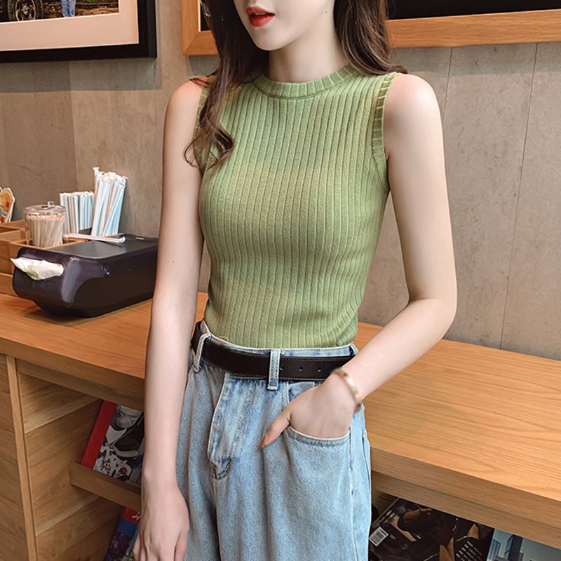 Áo Dệt Kim Nữ Sát Nách Cổ Tròn Màu Trơn