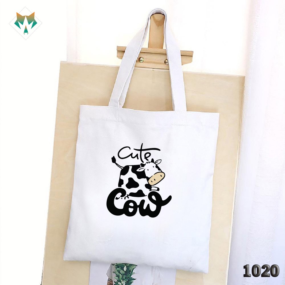 Túi Tote Trắng Chất Vải Canvas 1020 483 Bò Sữa Cute Cow Dễ Thương Hàng Chuẩn Đẹp - Hazo