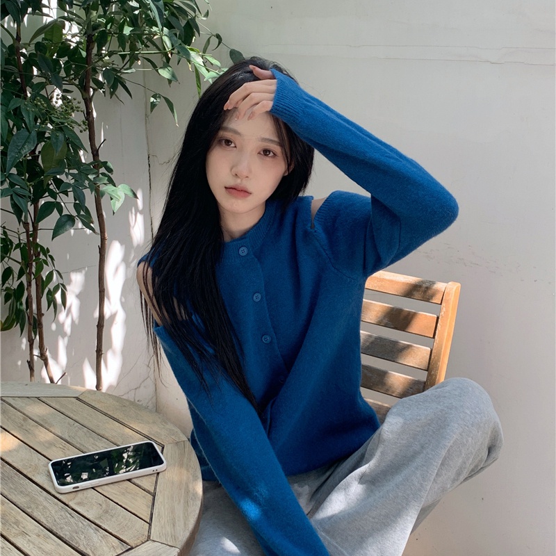 Áo khoác cardigan dệt kim dáng rộng tay dài cổ thuyền cài nút thời trang cho nữ