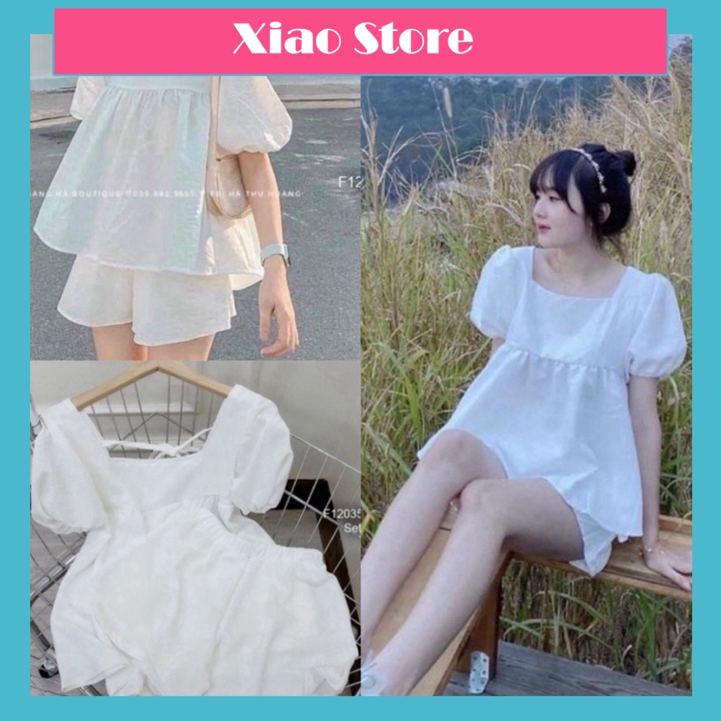 Bộ babydoll cổ hình vuông buộc dây chất đũi mát thiết kế tươi trẻ B5 Xiao shop sang chảnh. trendy hot girl xiao shop
