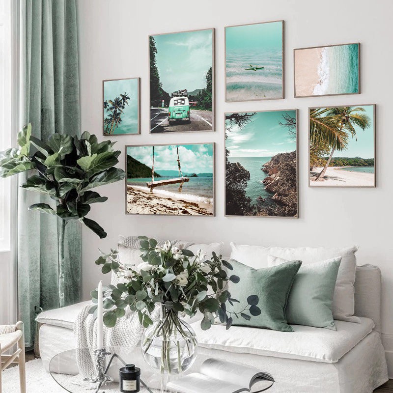 Tranh vải bạt treo tường in hình bãi biển/cây dừa/sao biển phong cách Bắc Âu trang trí nhà cửa