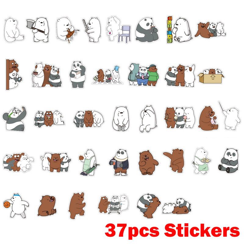 Bộ 37 Miếng Dán Trang Trí Điện Thoại/Va Ly Bằng PVC Chống Thấm Nước Họa Tiết We Bare Bears Dễ Thương