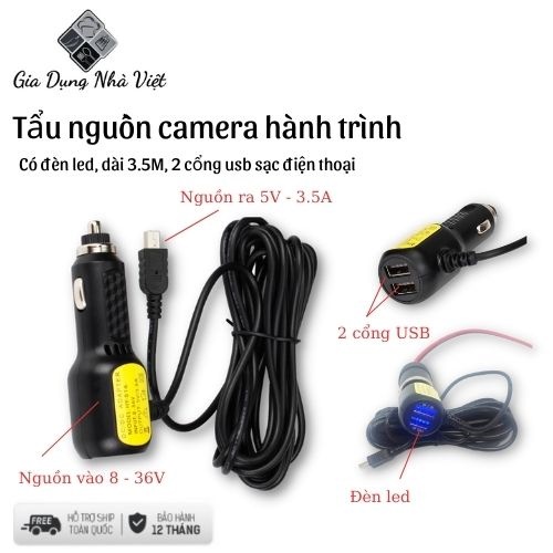 Tẩu cấp nguồn camera hành trình, chân Mini USB, tích hợp 2 cổng USB sạc điện thoại và các thiết bị điện tử khác