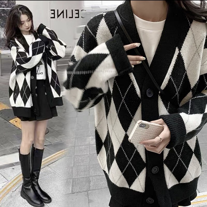 Áo Khoác Cardigan Len Họa Tiết Kim Cương 2 Màu M0759-Violet