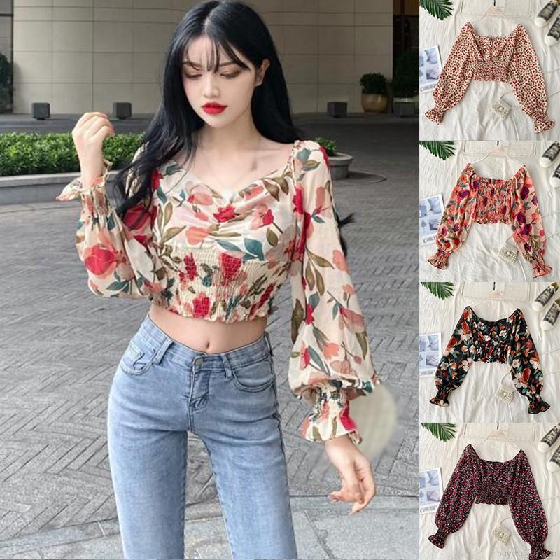 Áo Sơ Mi Kiểu Baywellfashion Thân Ngắn Tay Dài Vải Voan Họa Tiết Hoa Xinh Xắn Cho Nữ