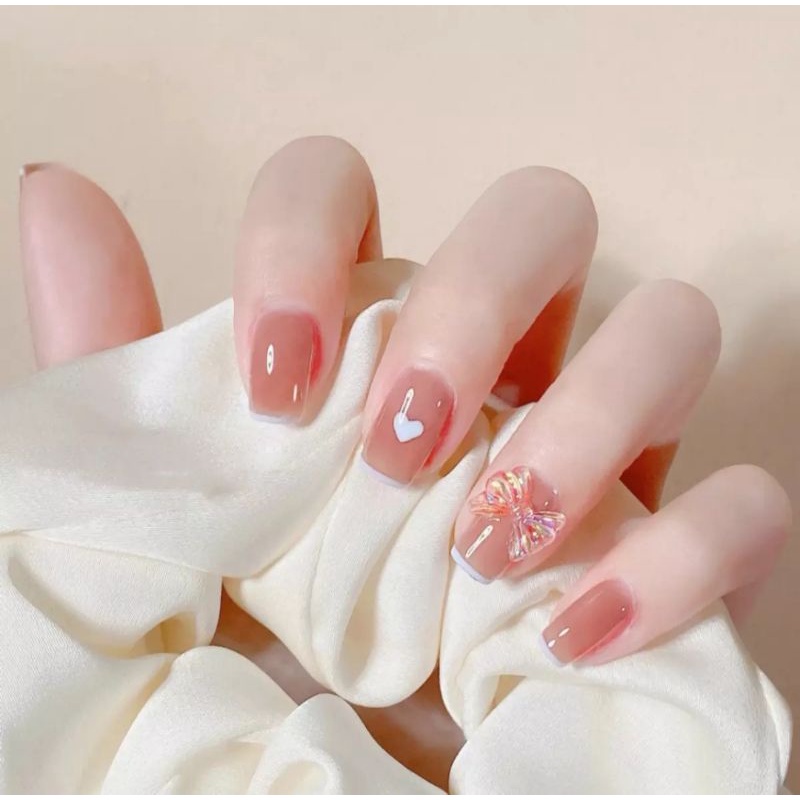 Móng giả thiết kế Quỳnh Quỳnh Nail hộp 10 móng kèm keo dũa màu nude đính nơ