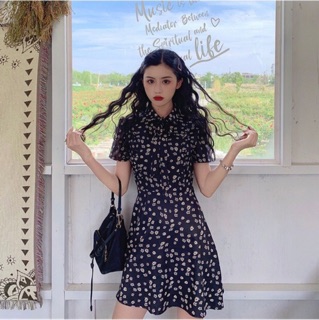 Váy đen hoa cúc nơ cổ HuynA