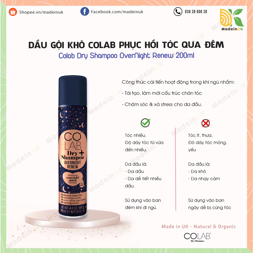 Dầu Gội Khô Colab Nuôi Dưỡng Tóc Qua Đêm | Colab Plus Dry Shampoo Overnight Renew 200ml