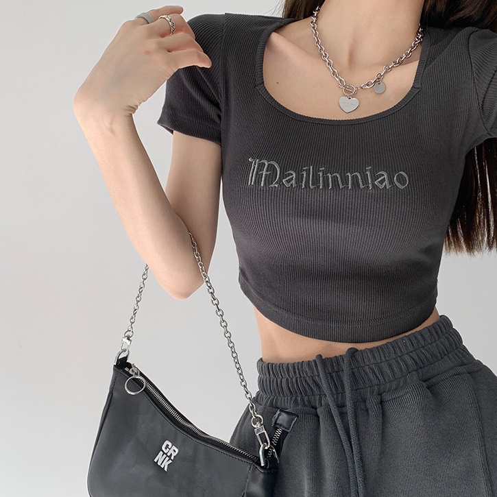 Áo Thun Croptop Ngắn Tay Cổ Vuông Thêu Chữ Phong Cách Hàn Quốc Thời Trang Cho Nữ