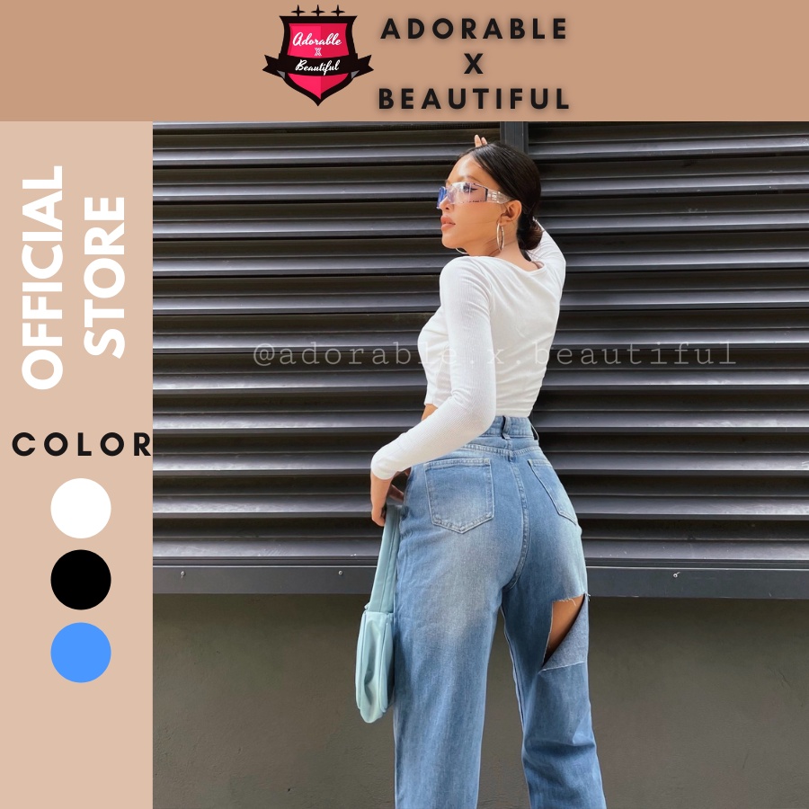 Áo Thun Gân Tay Dài Trắng Đen, Quần Jeans Suông Rách Sau Mông