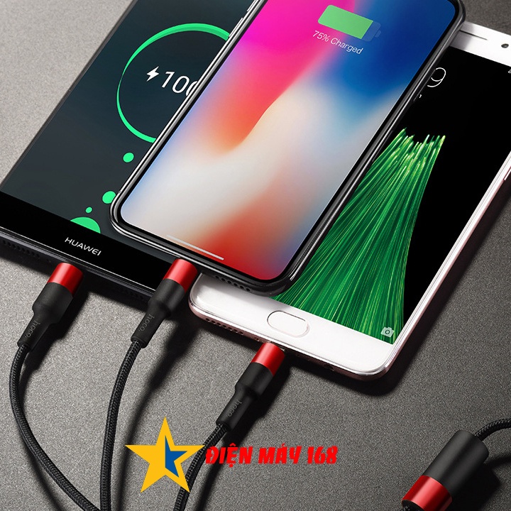 Dây Cáp Sạc Nhanh 3 đầu 3 in 1 - BH Vĩnh Viễn Đầu Nối USB Dây Nylon Bện Dài 1m