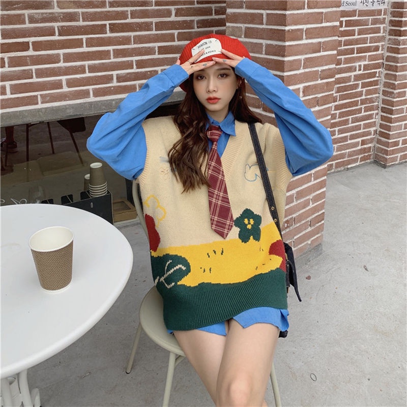 Set áo len không tay và áo sơ mi tay dài thời trang dành cho nữ