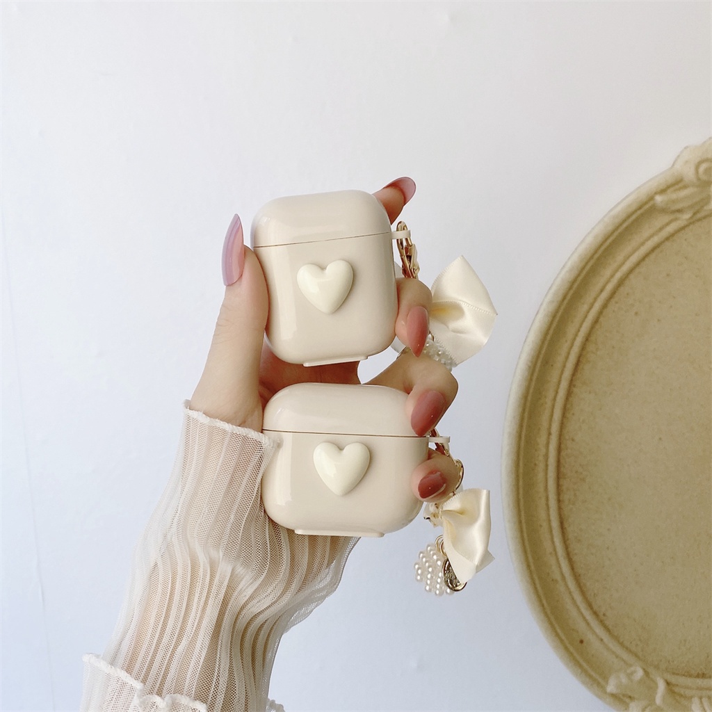 Vỏ Bảo Vệ Hộp Sạc Tai Nghe AirPods Pro 1 2 3 Hình Hộp Sữa Trái Tim Màu Trắng Kèm Dây Đeo Ốp