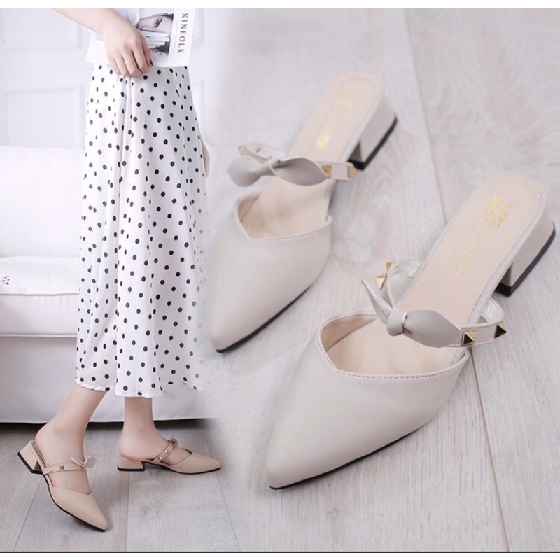 Sục Da💖FREESHIP💖Sục Nữ Sục Cao Gót Giày Cao Gót Mũi Nhọn Gót Vuông 2cm 2 Màu Đen Trắng Sành Điệu thời trang