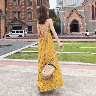Váy maxi 2 dây, hở lưng dây đan chéo