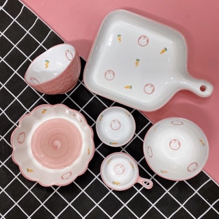 Sét bát gấu hồng siêu xinh decor trang trí bàn ăn, bát ăn cơm hoạ tiết thỏ cà rốt cực xinh yêu