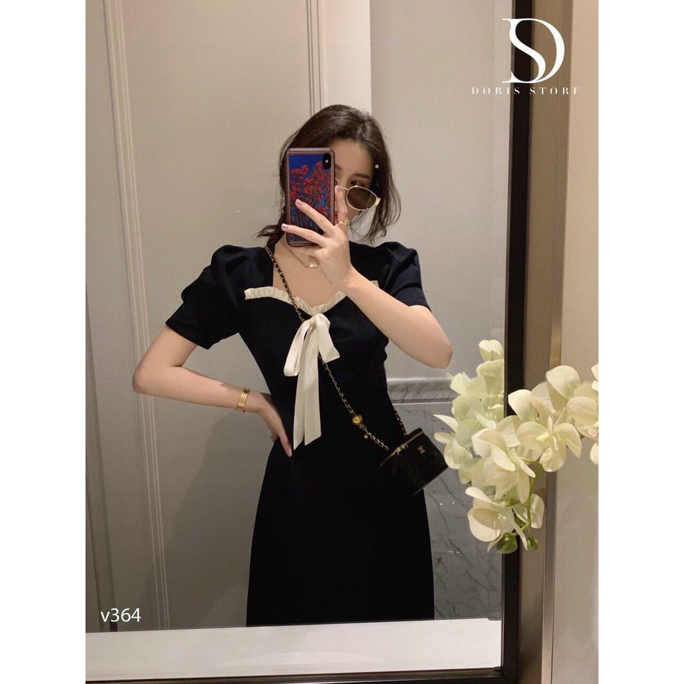 Đầm nữ kết nơ phối voan mềm màu đen