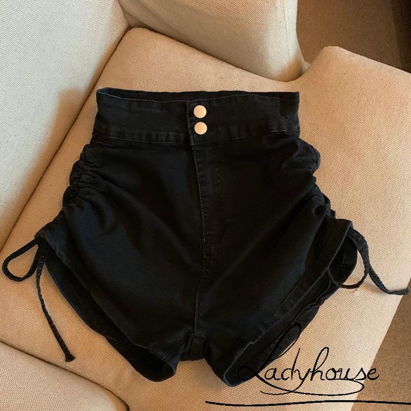 Quần Short Jean Ngắn Lưng Cao Co Giãn Phối Hai Hàng Nút Hai Bên Màu Trơn Cho Nữ