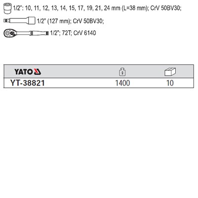 Bộ tuýp tay vặn tổng hợp 1/2 inch 12 chi tiết Yato YT-38821