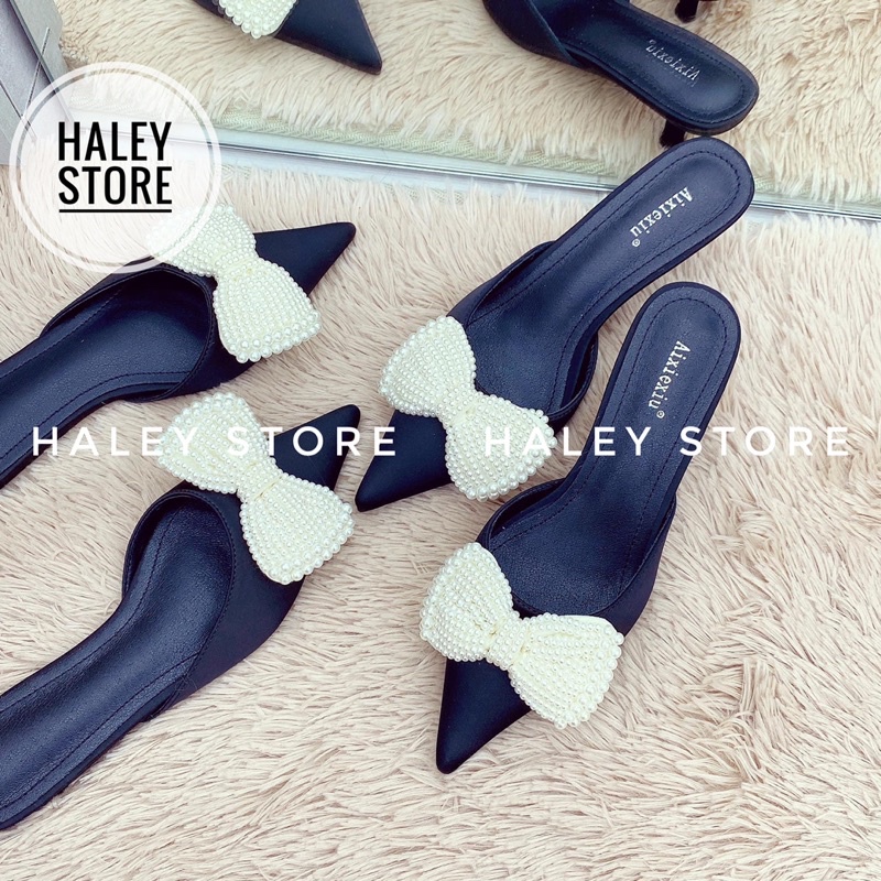 Guốc Sục nữ HALEY STORE mũi nhọn đính nơ ngọc gót 5cm êm chân dễ đi thời trang rẻ bền đẹp tiểu thư công chúa