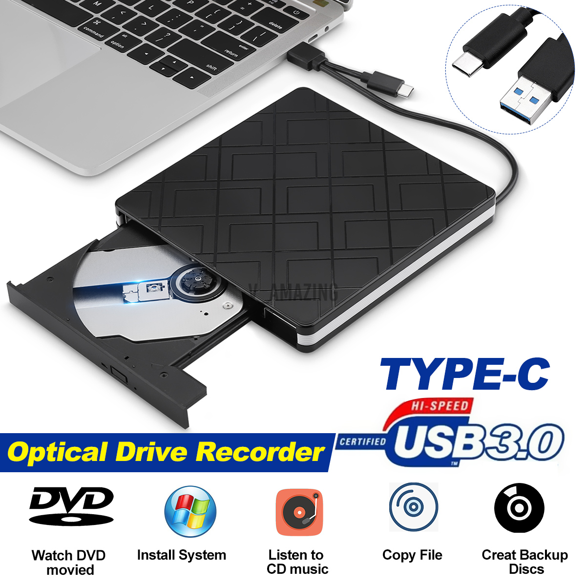 External Type-C DVD Drive Slim USB 3.0 DVD/CD Re-Writer Burner Reader RW Drive