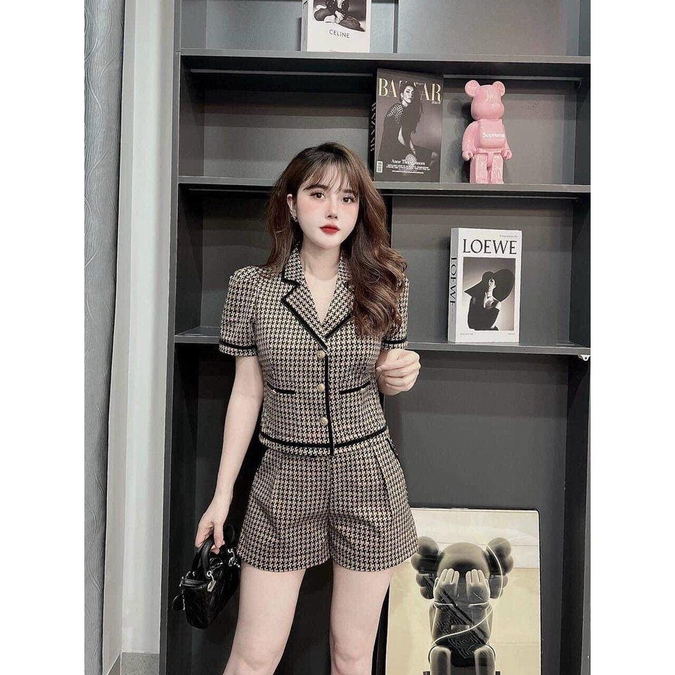 Sét bộ đùi thời trang nữ mặc đi chơi chất bố dạ vải shop cổ vest phối viền đen tay ngắn mix quần đùi có túi