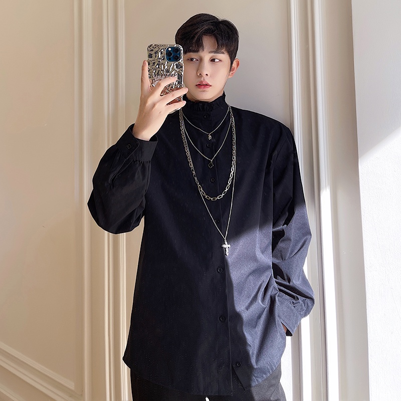 Nhà thiết kế nhà ga châu Âu cho thấy ren đứng lên cổ áo sơ mi Nhà tạo mẫu tóc nam Phiên bản Hàn Quốc Ruffian Thương hiệu thời trang đẹp trai Áo sơ mi dài tay