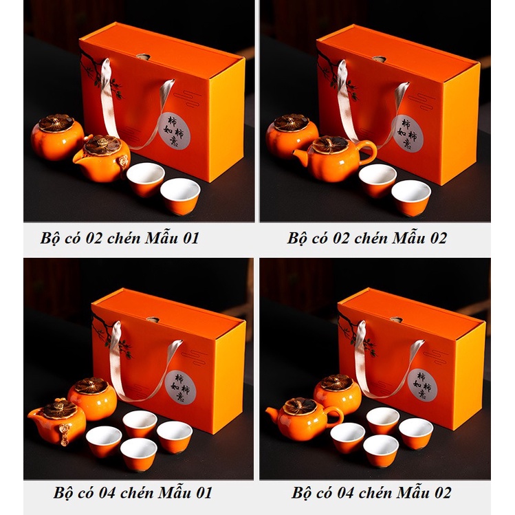 Bộ Ấm Chén Sứ Pha Trà Đạo Quả Hồng Cao Cấp - Kèm Túi Hộp Lịch Sự