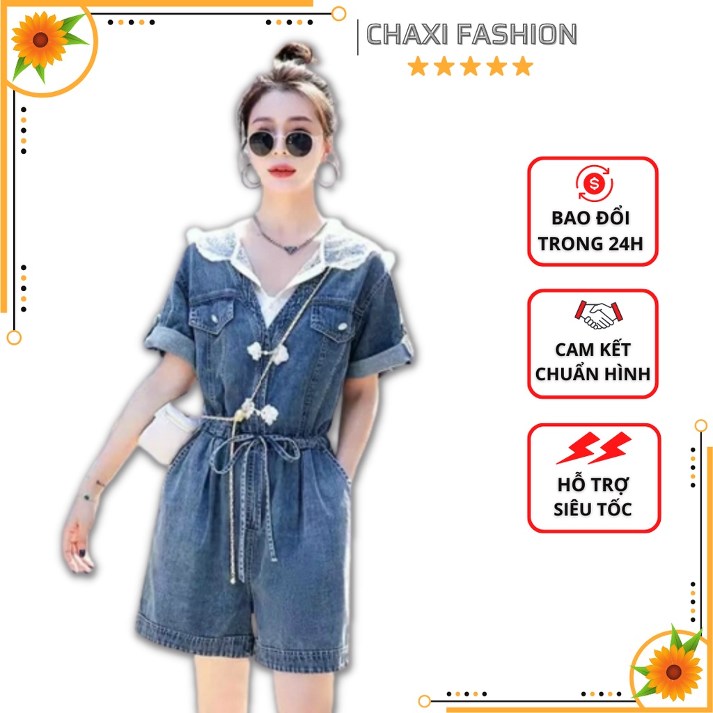 HÀNG NHẬP - JUMPSUIT SHORT JEAN PHỐI NÓN REN RÚT EO TRẺ TRUNG - KBT363485