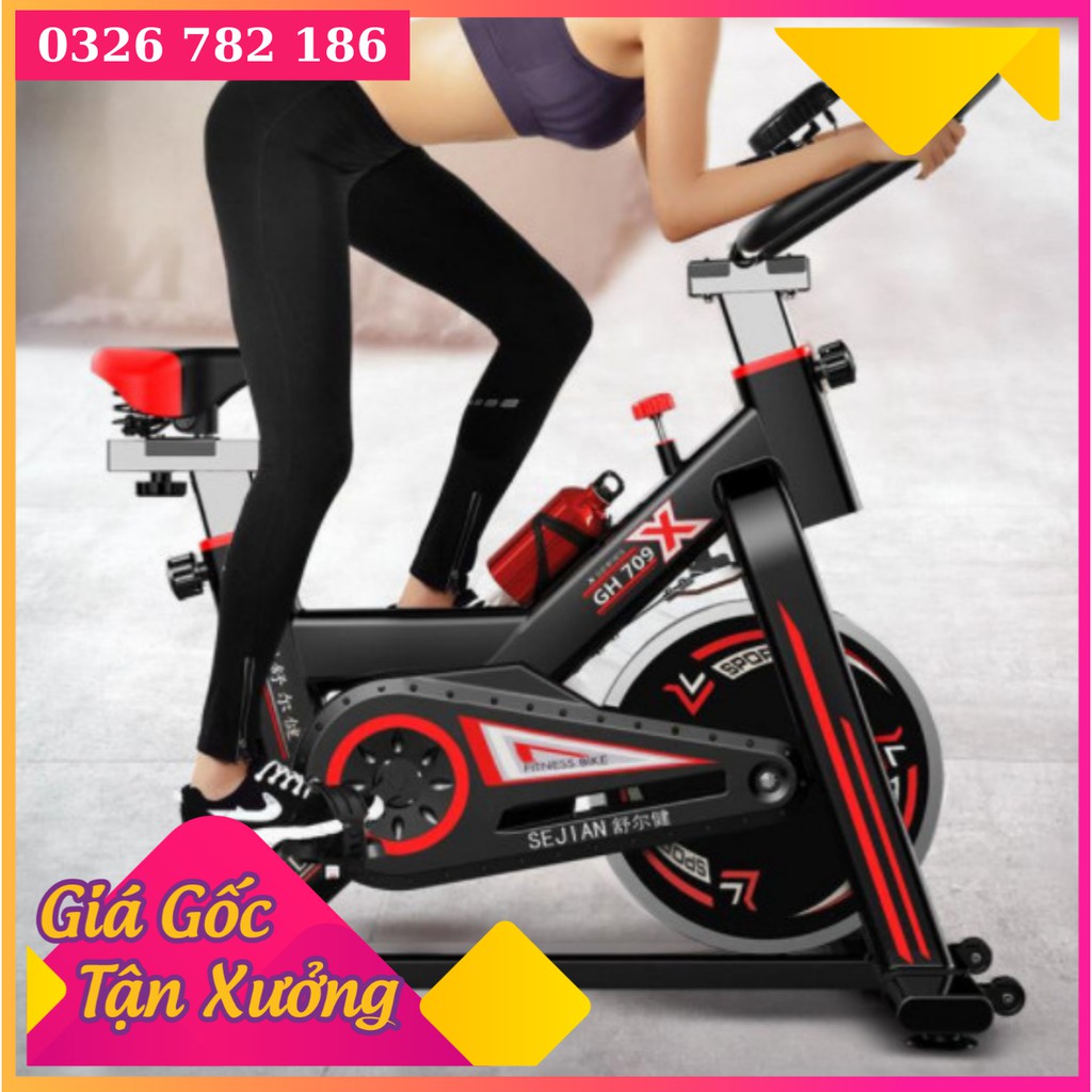 Xe đạp tập gym, thể dục tại nhà Model GH709 - Kèm đồng hồ cảm biến nhịp tim+ Bình nước thể thao