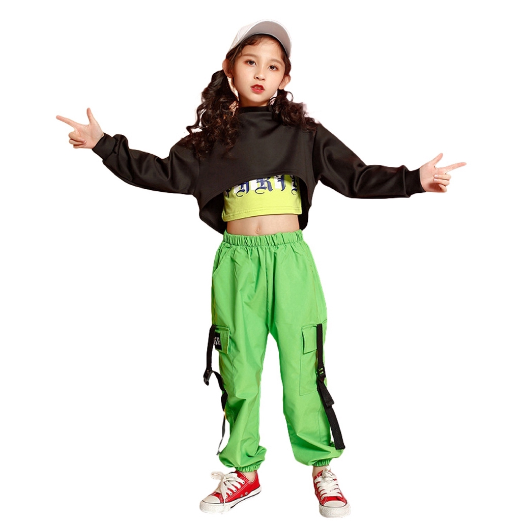 Set áo croptop + áo ba lỗ + quần jogger phong cách Hip hop thời trang dạo phố cho bé gái