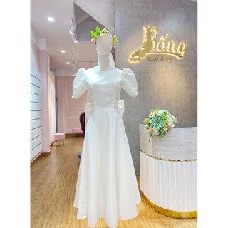 Đầm cưới Phi nhật lửng kín lưng đuôi nơ DC971