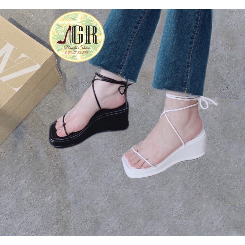 CÓ SẴN Sandal xuồng xỏ cột dây cổ cao da mềm 7 cm