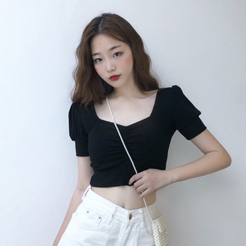 Happy-store ❤️ Áo croptop Tay Ngắn trễ vai xinh xắn dành Hàn Quốc 2 Màu Tùy Chọn Cho Nữ